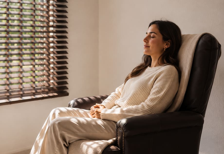 A woman resting back in an armchair in sunlight during a hypnotherapy session